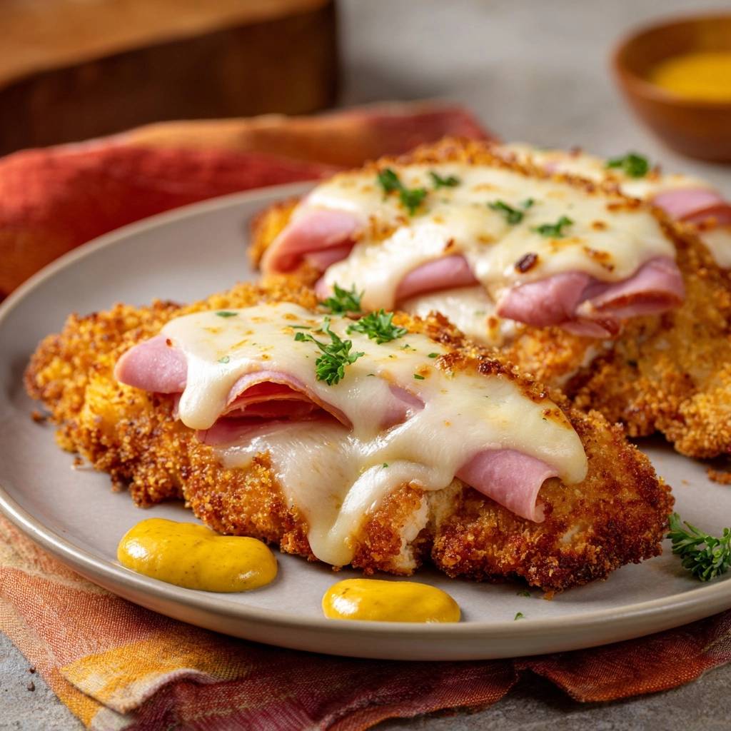 Crispy Chicken Cordon Bleu Bake topped with melted cheese and ham slices, served with mustard.