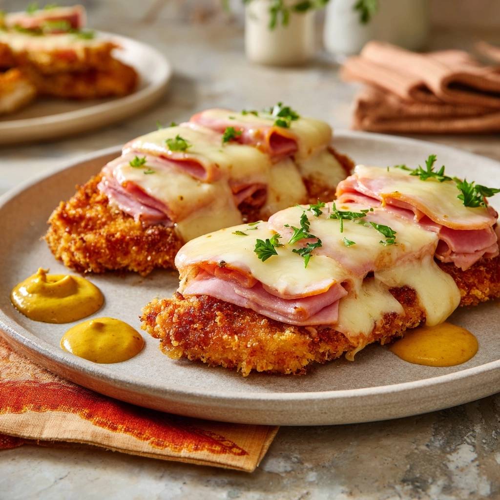 Chicken Cordon Bleu Bake plated with melted cheese, ham, and a side of mustard.