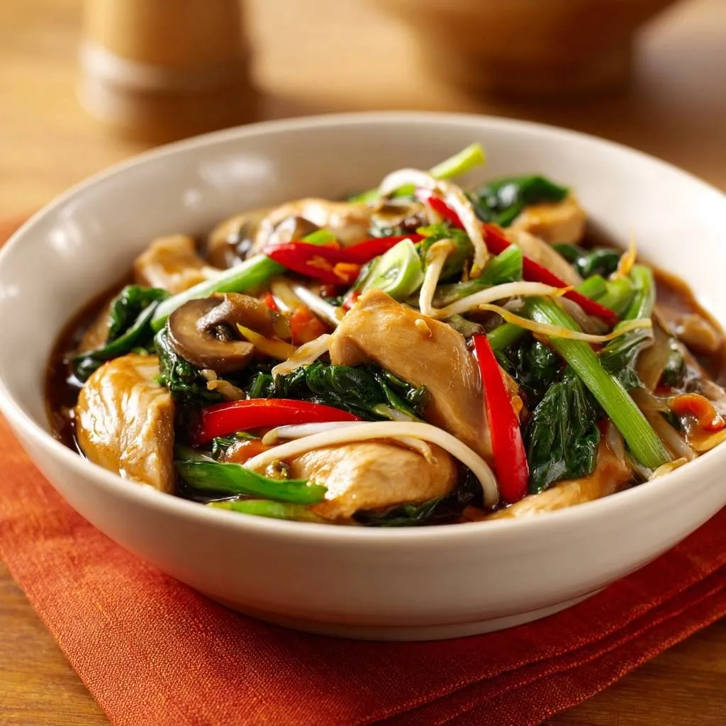 Savory chicken and vegetable stir-fry in a white bowl, featuring a close-up view of chicken, mushrooms, peppers, and sprouts.