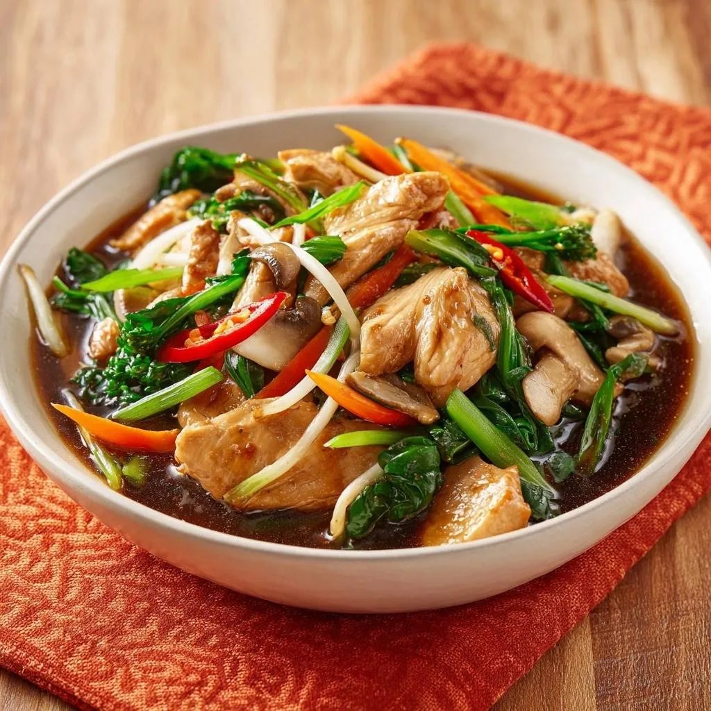 Savory chicken and vegetable stir-fry presented in a white bowl, showcasing a close-up view of the tender chicken and colorful vegetables.