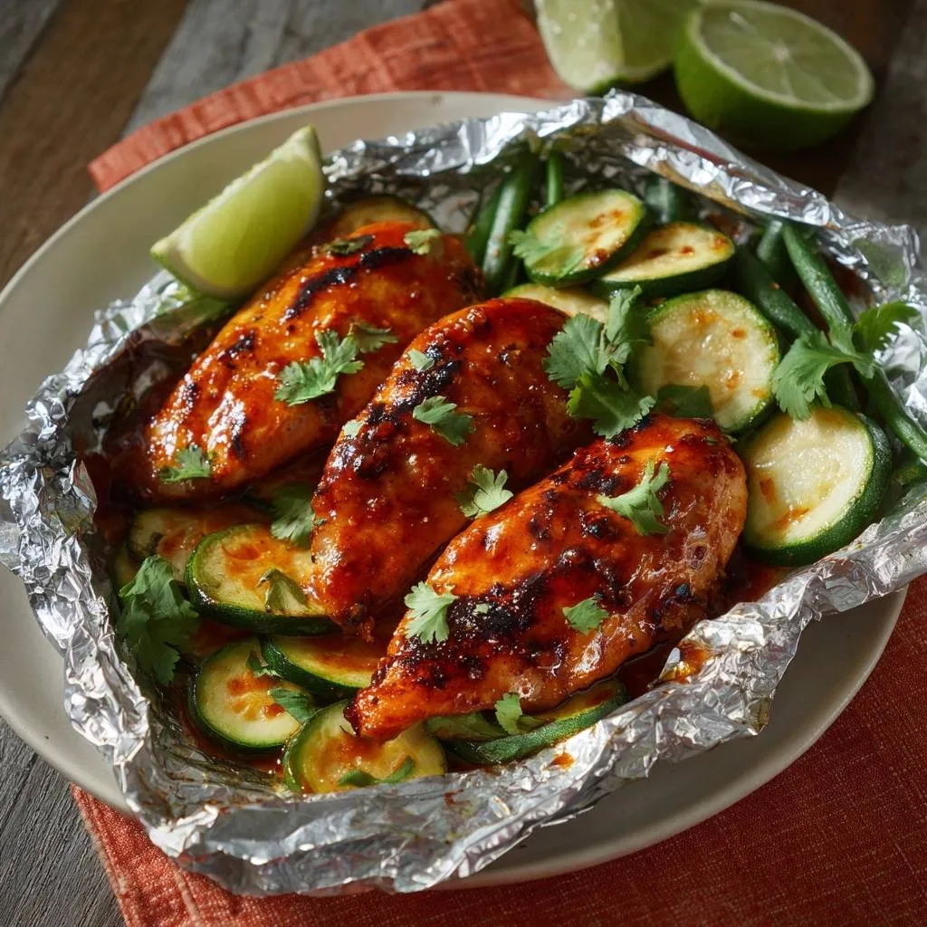 Chili lime chicken and zucchini foil packets shown in a close-up view with fresh cilantro and lime wedges.