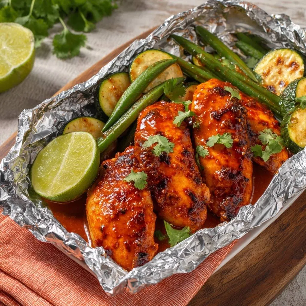 Chili lime chicken and zucchini foil packets shown from an overhead view in a foil packet with lime wedges.