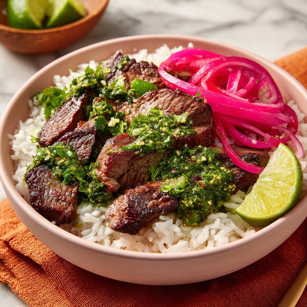 Chimichurri steak rice bowls garnished with pickled red onions and lime wedges, showcasing the vibrant green sauce.