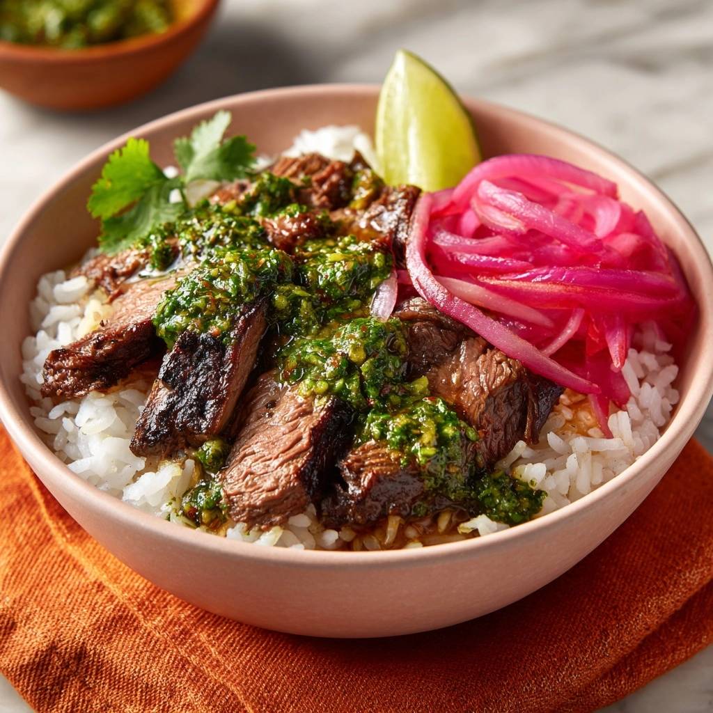 Chimichurri steak rice bowls are shown sliced and topped with vibrant green chimichurri sauce, pickled red onions, and a lime wedge.