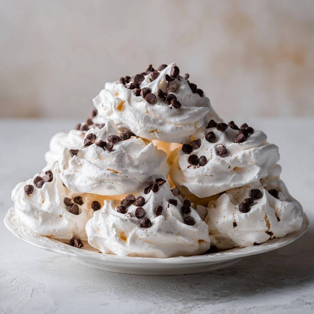 Chocolate chip meringue cookies piled high on a white plate, showcasing their airy texture and chocolate chip topping.