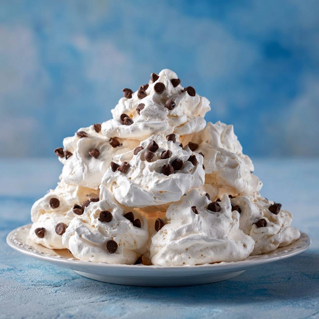 Chocolate chip meringue cookies are artfully stacked on a white plate, showcasing their airy texture and chocolate chip topping against a blue background.