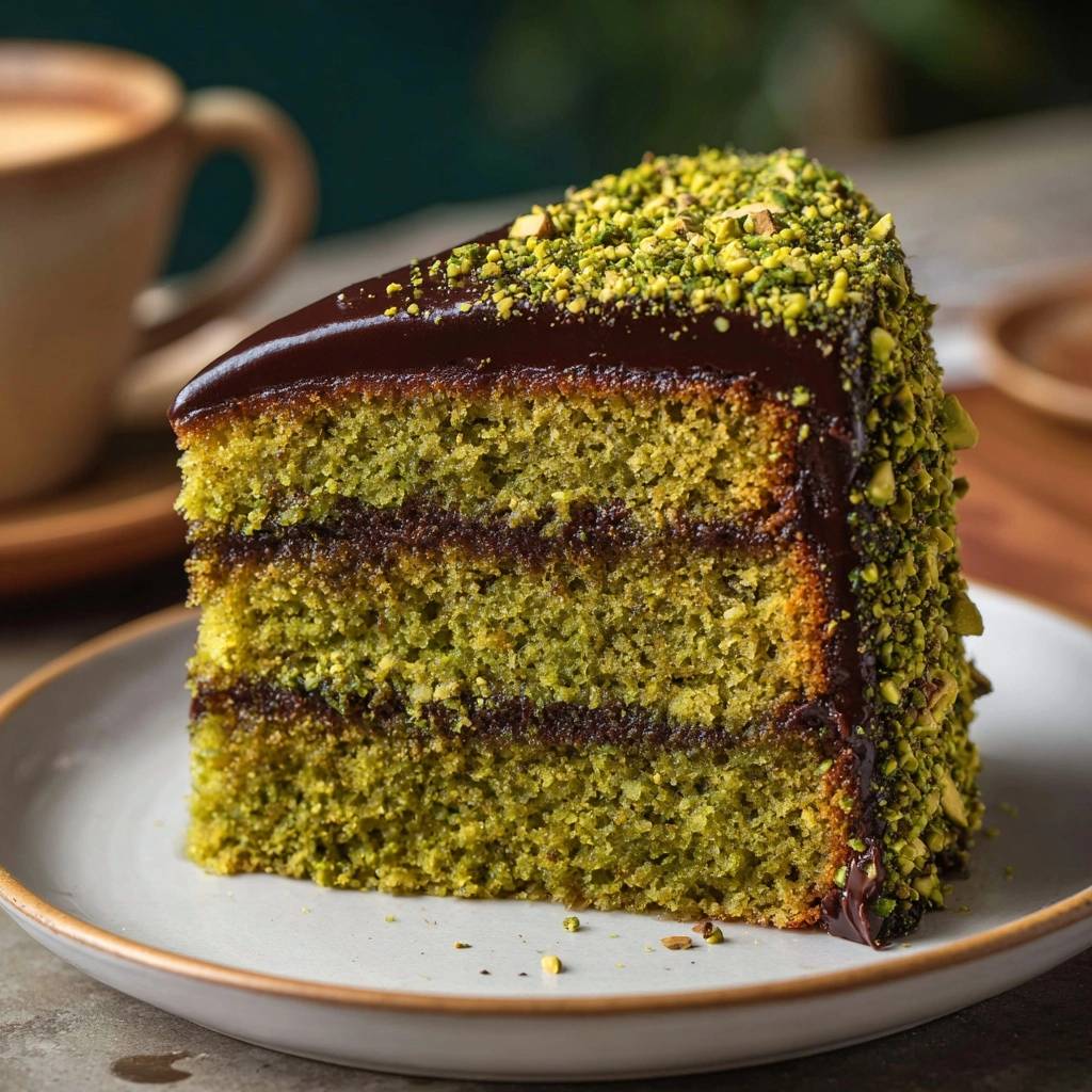 Chocolate glazed pistachio layer cake showing its rich layers and pistachio crumb coating, presented as a single slice.