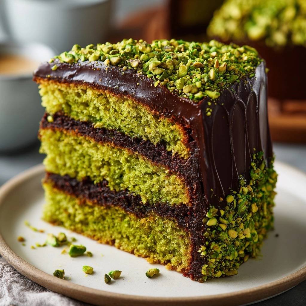 Chocolate glazed pistachio layer cake slice cross-section showing layers of green cake and chocolate filling, topped with chopped pistachios.