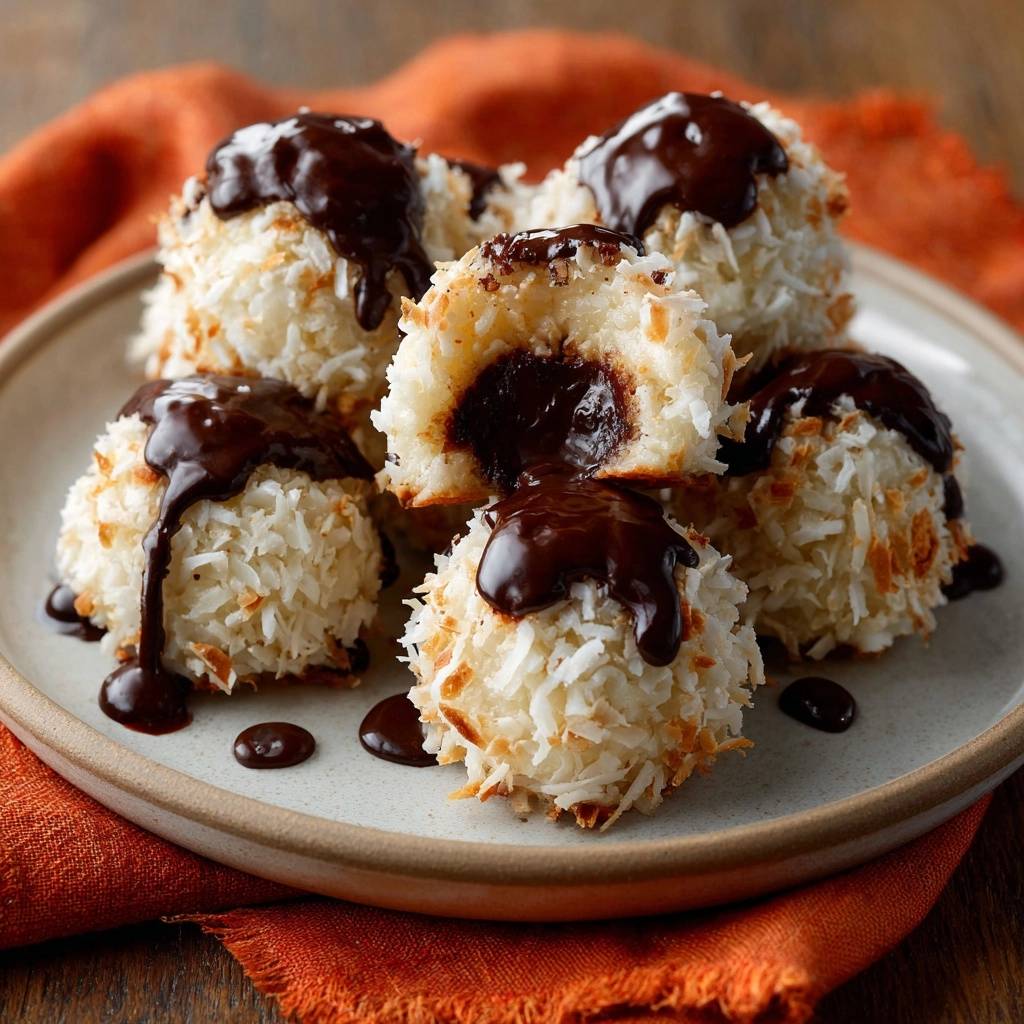 Chocolate lava coconut macaroons with a molten center are shown in a close-up cross-section revealing the gooey chocolate filling.