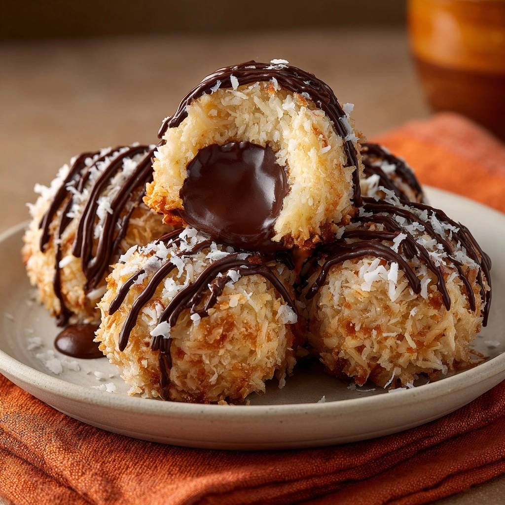 Chocolate lava coconut macaroons with a molten center shown in a close-up cross-section revealing the gooey chocolate filling.