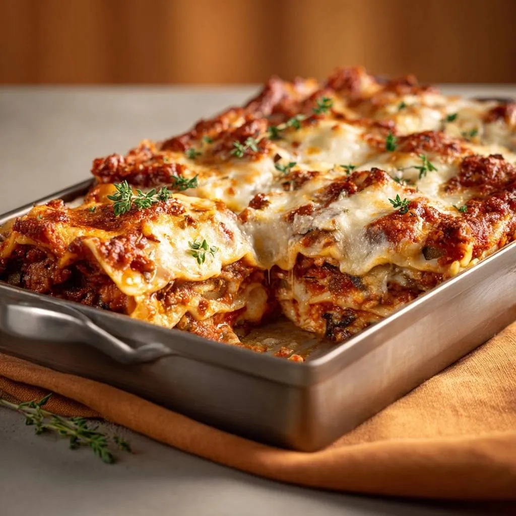 Classic beef and herb lasagna shown in a close-up view of a cut slice, highlighting the layers.