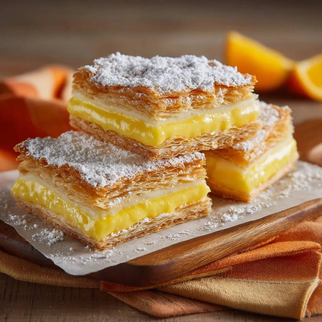 Classic vanilla custard slices stacked, showing a detailed cross-section of flaky pastry and creamy filling.