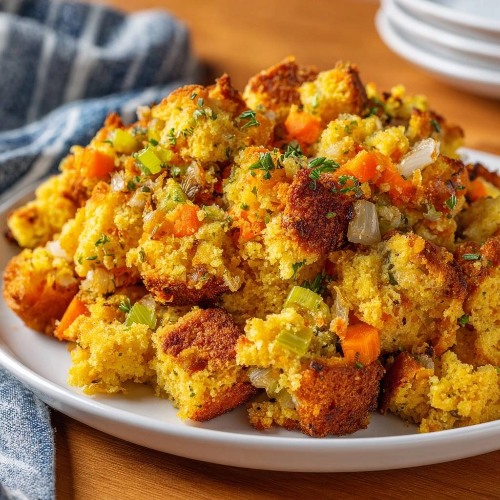 Golden cornbread and herb stuffing with carrots and celery served on a white plate.