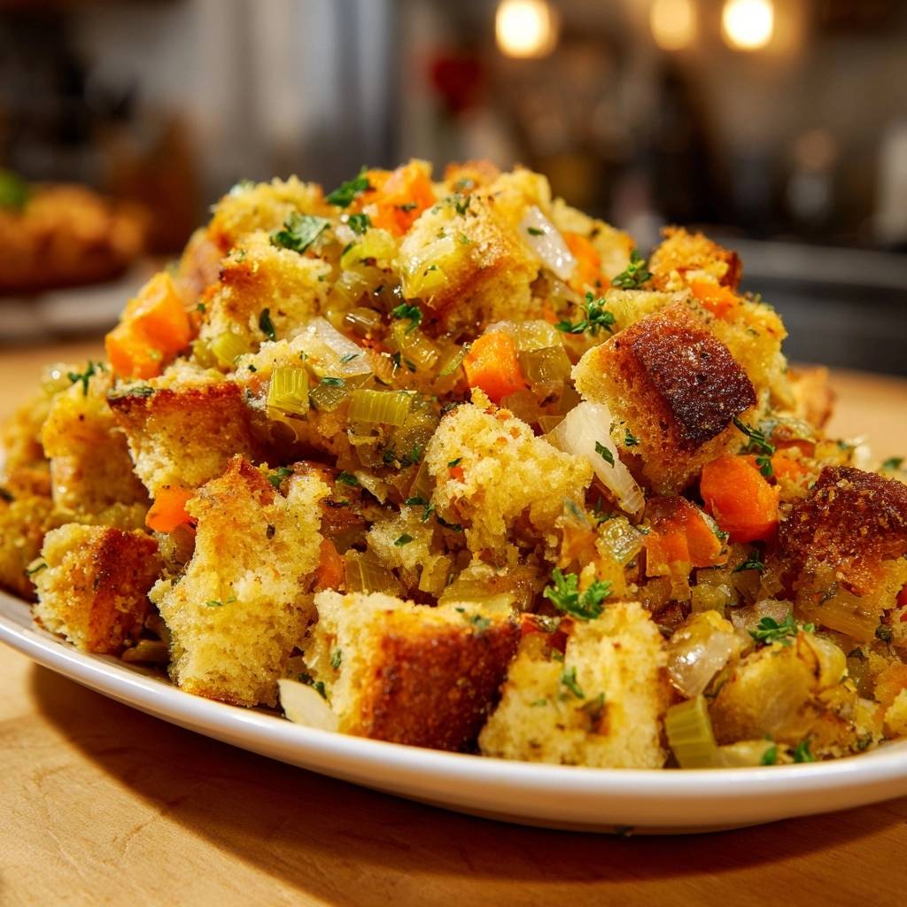 Golden cornbread and herb stuffing piled high on a white plate, showcasing toasted bread cubes and colorful vegetables.