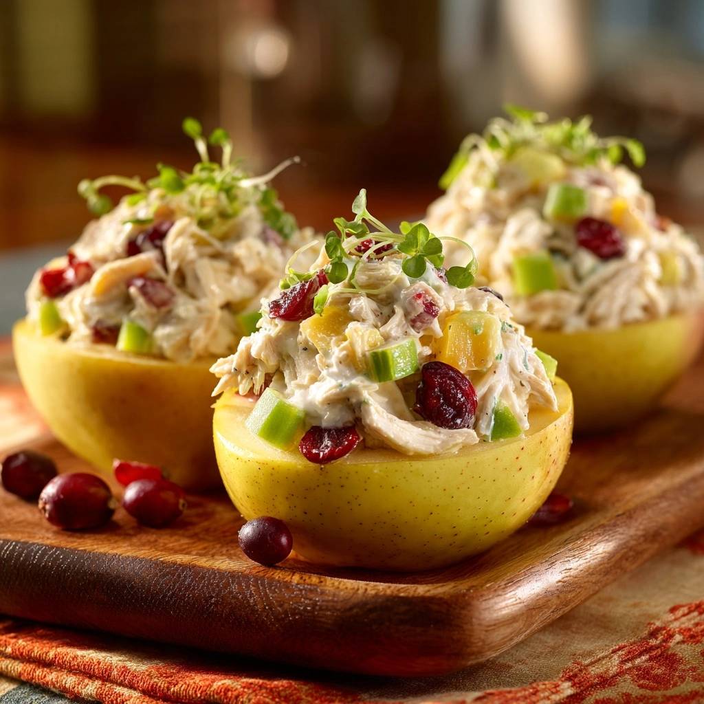 Cranberry apple chicken salad cups served in hollowed-out apple halves, garnished with microgreens and fresh cranberries.