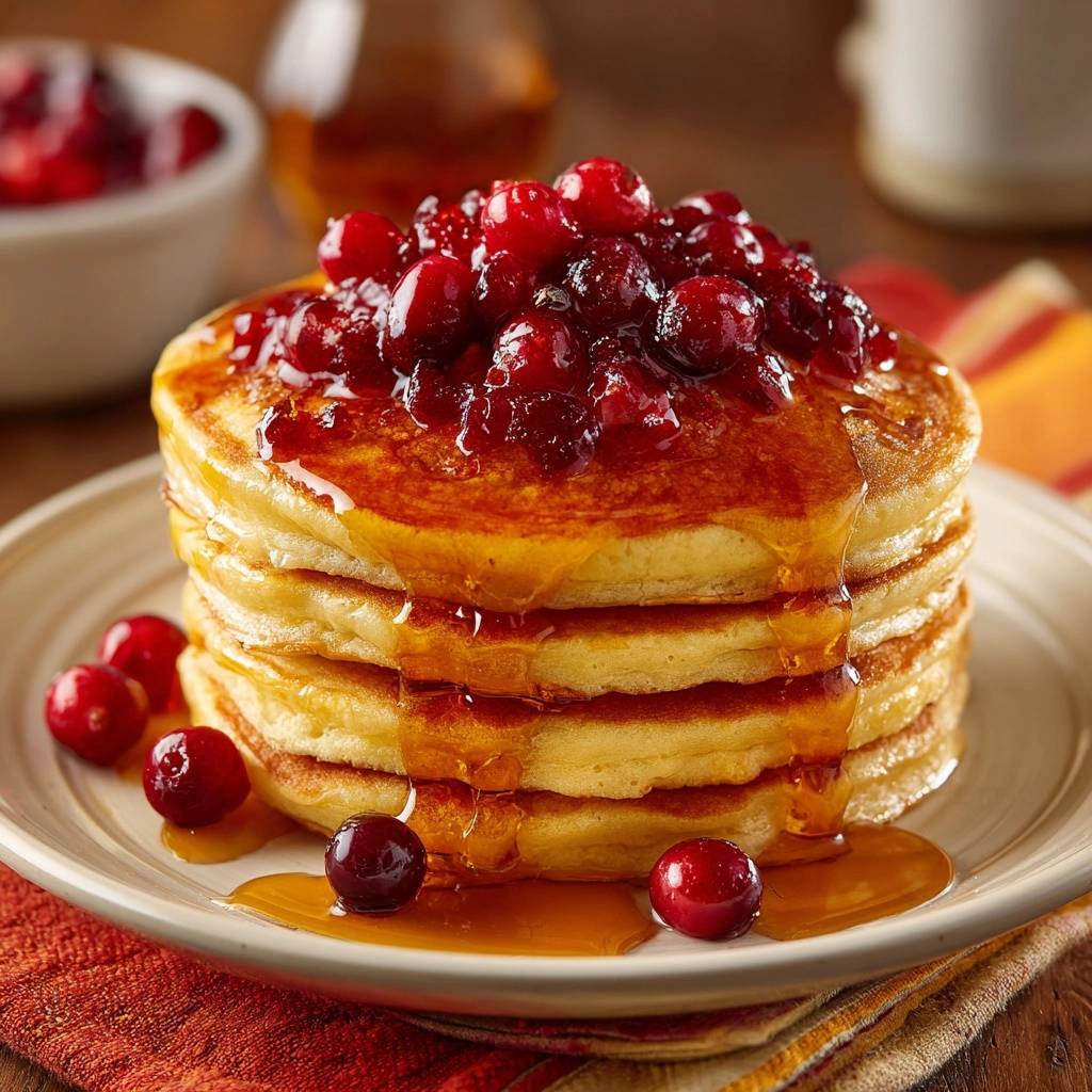 Fluffy cranberry maple pancakes are generously topped with whole cranberries and dripping with syrup.