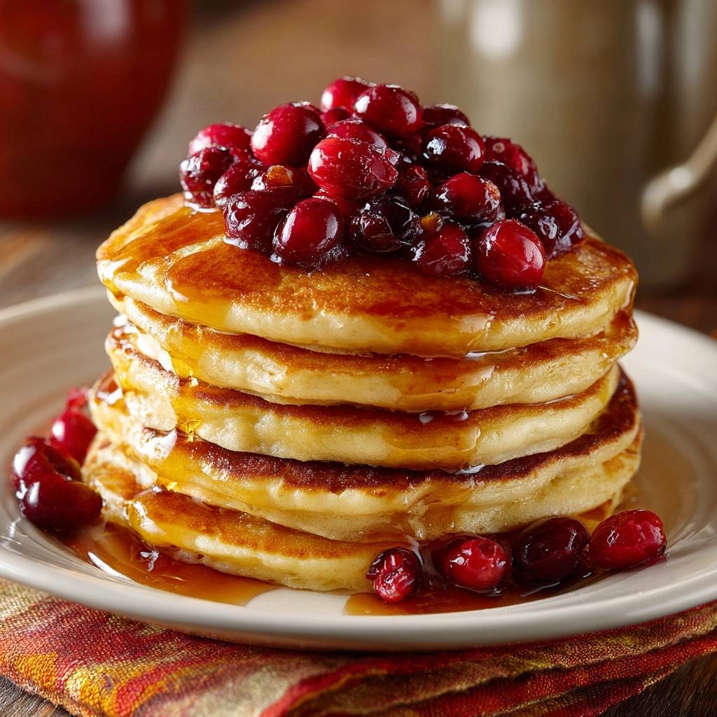 Fluffy cranberry maple pancakes stacked high and drizzled with syrup, topped with fresh cranberries.