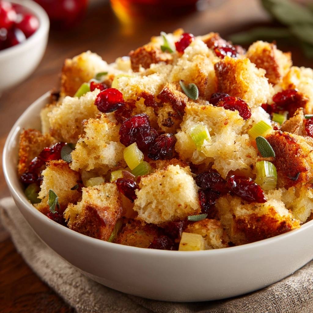 Cranberry sage sourdough stuffing shown in a close-up view within a white bowl, highlighting the bread, cranberries, and herbs.