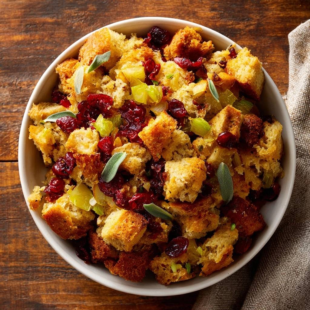 Cranberry sage sourdough stuffing in a white bowl, shown from an overhead view with visible cranberries and sage leaves.