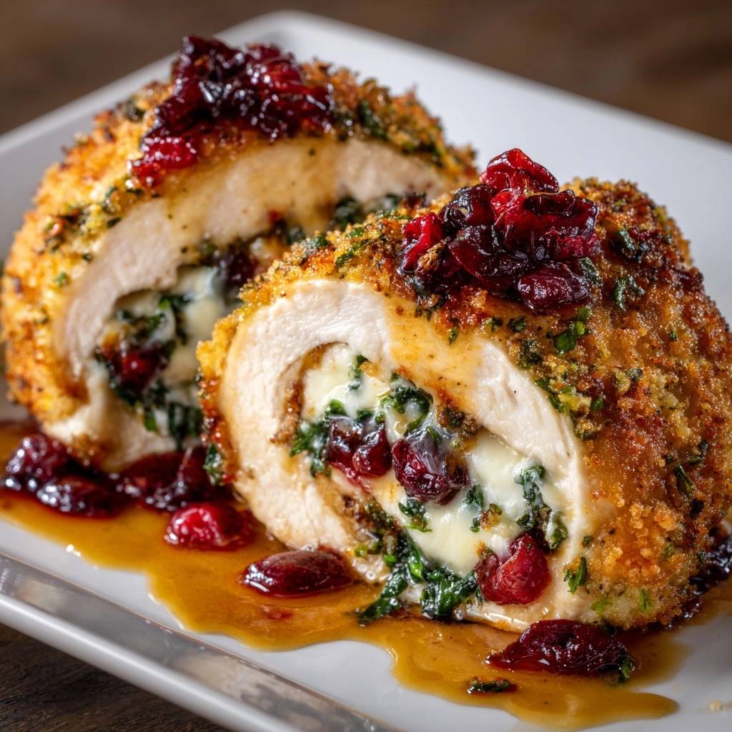 Cranberry and spinach stuffed chicken breasts shown in a close-up cross-section revealing the cheesy, green filling and juicy chicken.