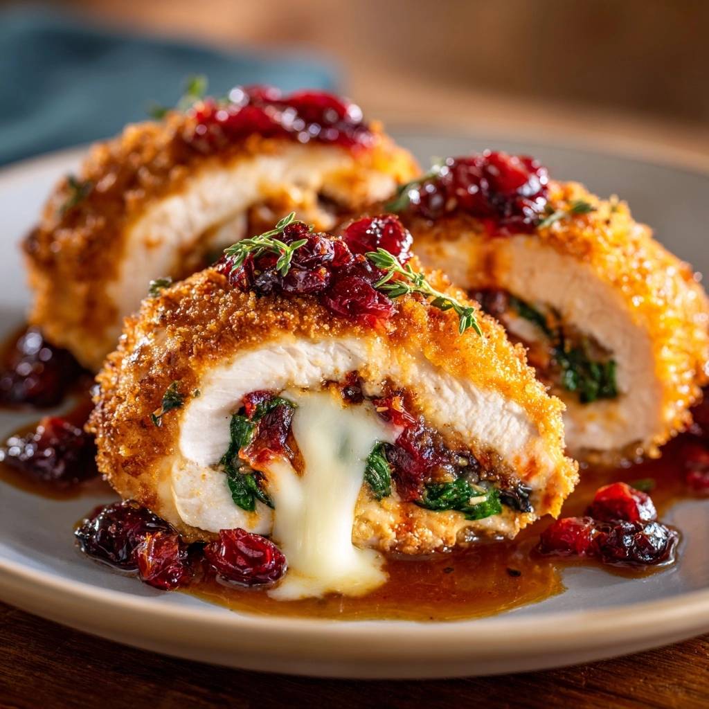 Cranberry and spinach stuffed chicken breasts shown in a close-up cross-section with melted cheese oozing out.