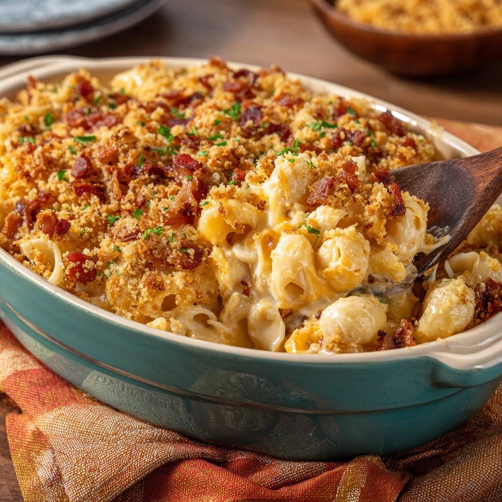Creamy bacon mac and cheese, a wooden spoon scooping a generous portion from a baking dish.