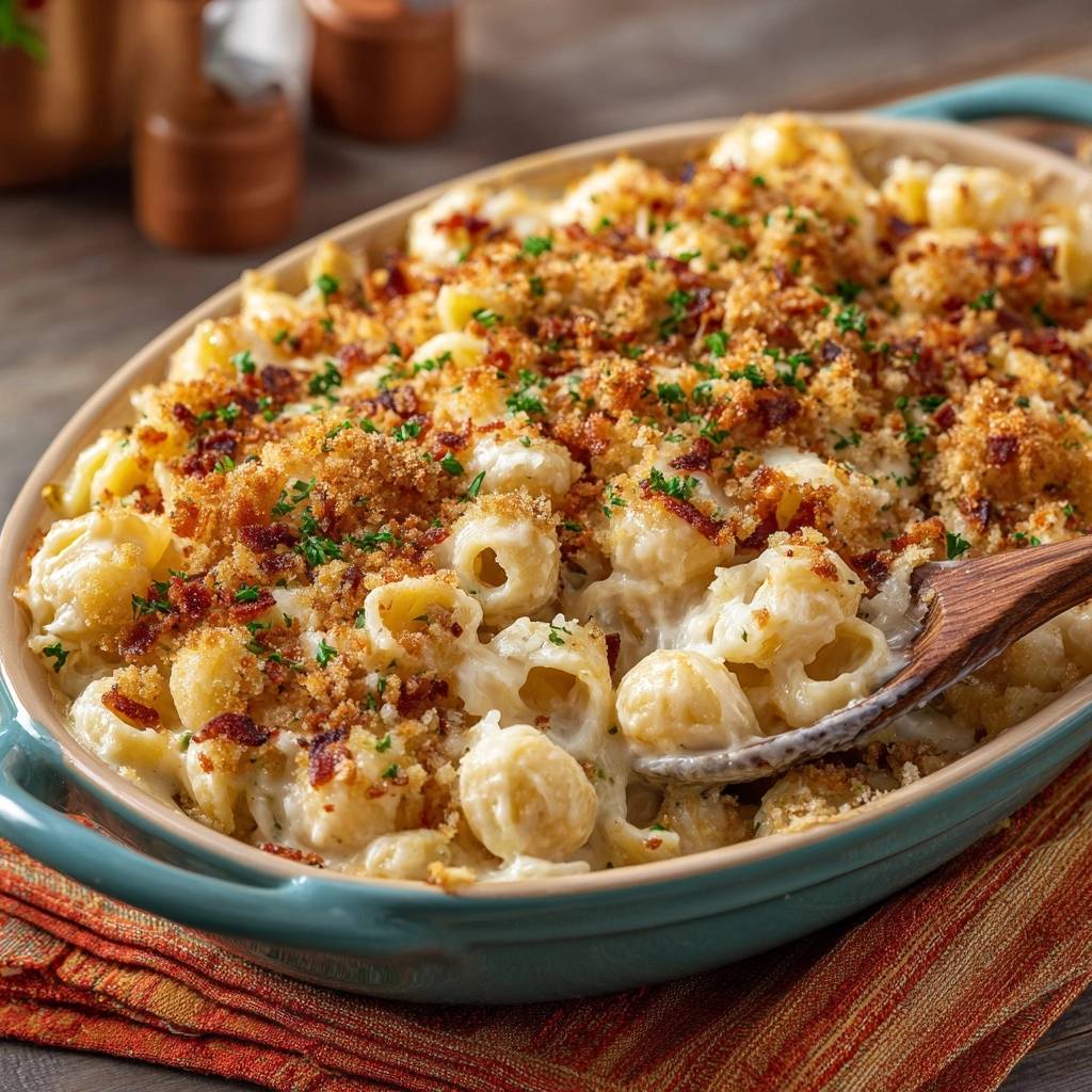 Creamy bacon mac and cheese with a spoonful being lifted out of the baking dish.