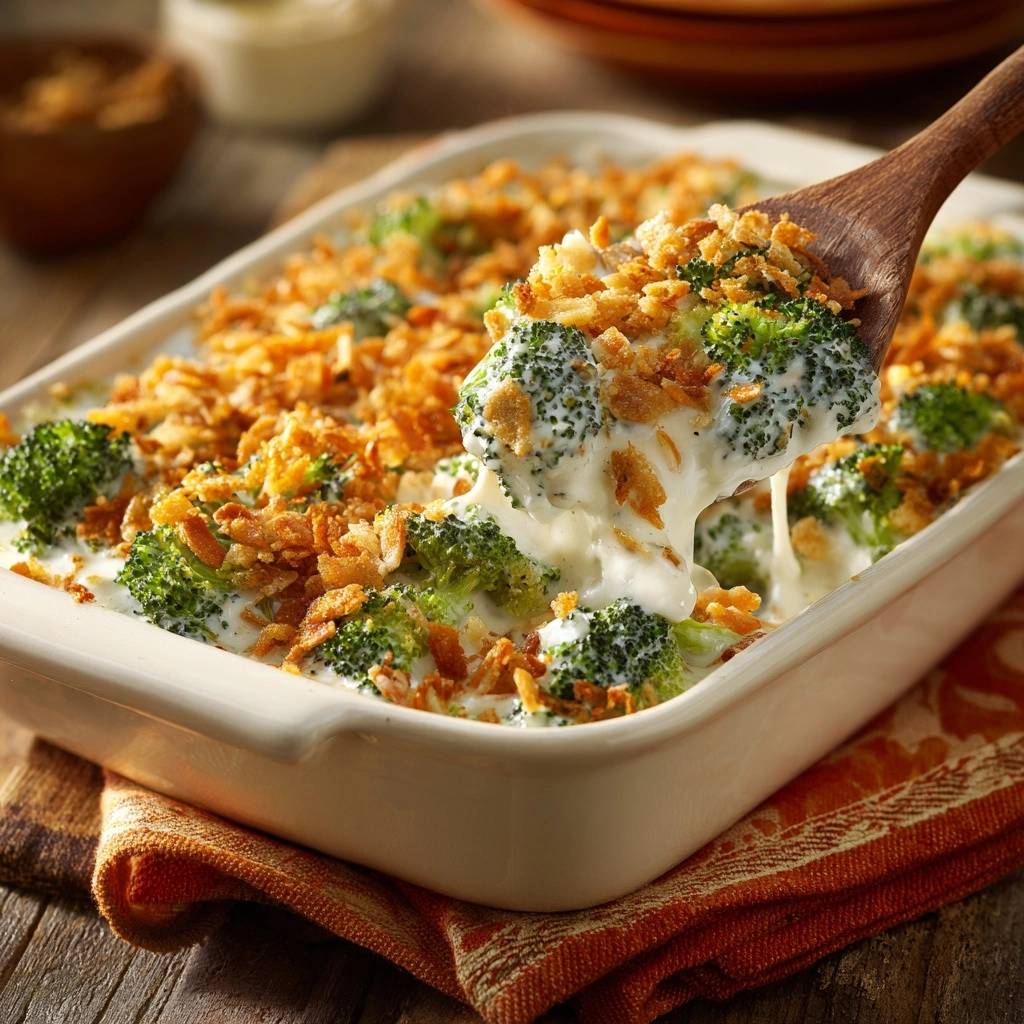 Creamy baked broccoli casserole with a spoonful being lifted, showing the cheesy sauce and golden topping.