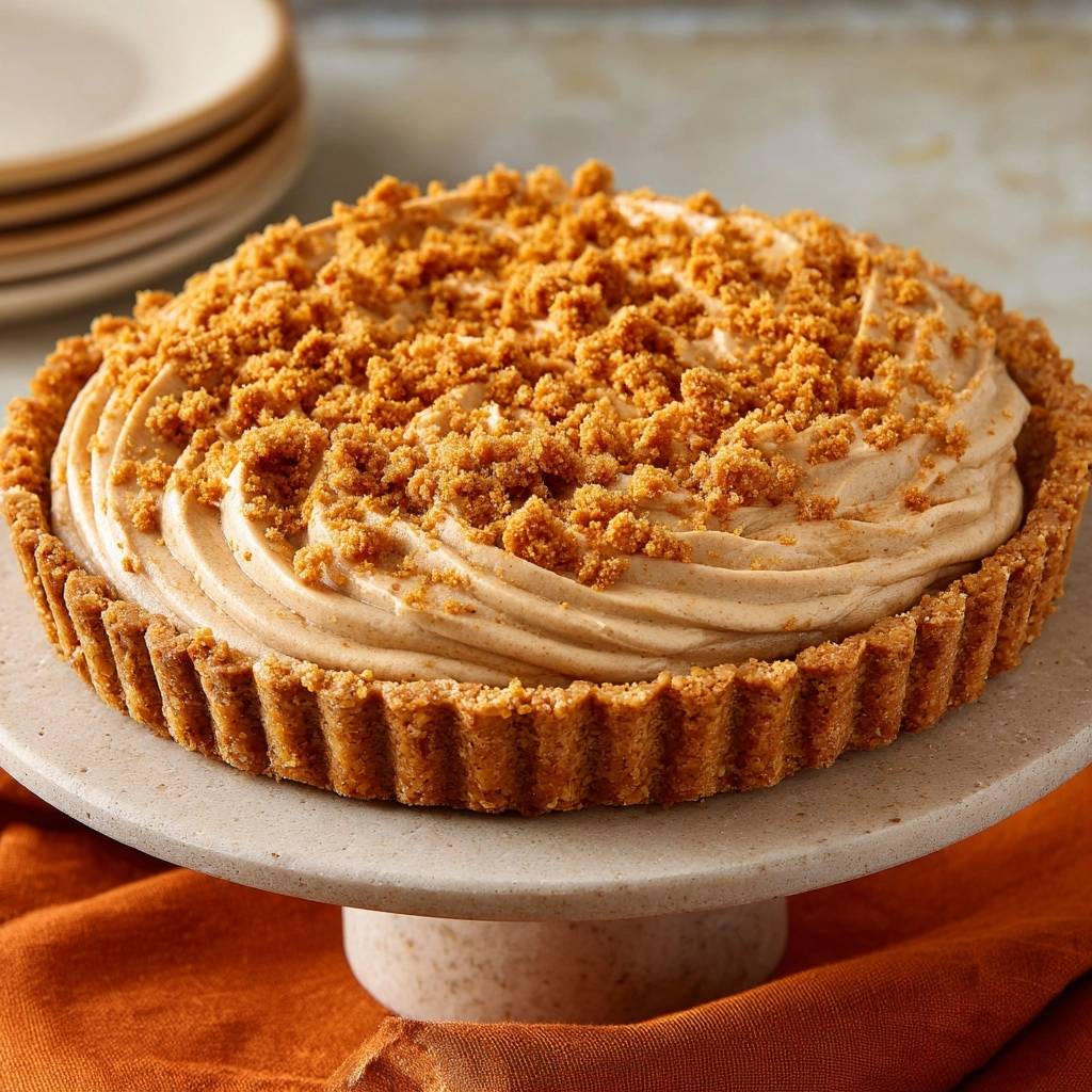The Ultimate Creamy Biscoff Cookie Butter Tart with a generous crumb topping on a cake stand.