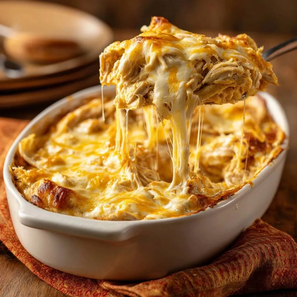 Creamy buffalo chicken casserole with gooey cheese strands being pulled from a serving spoon.