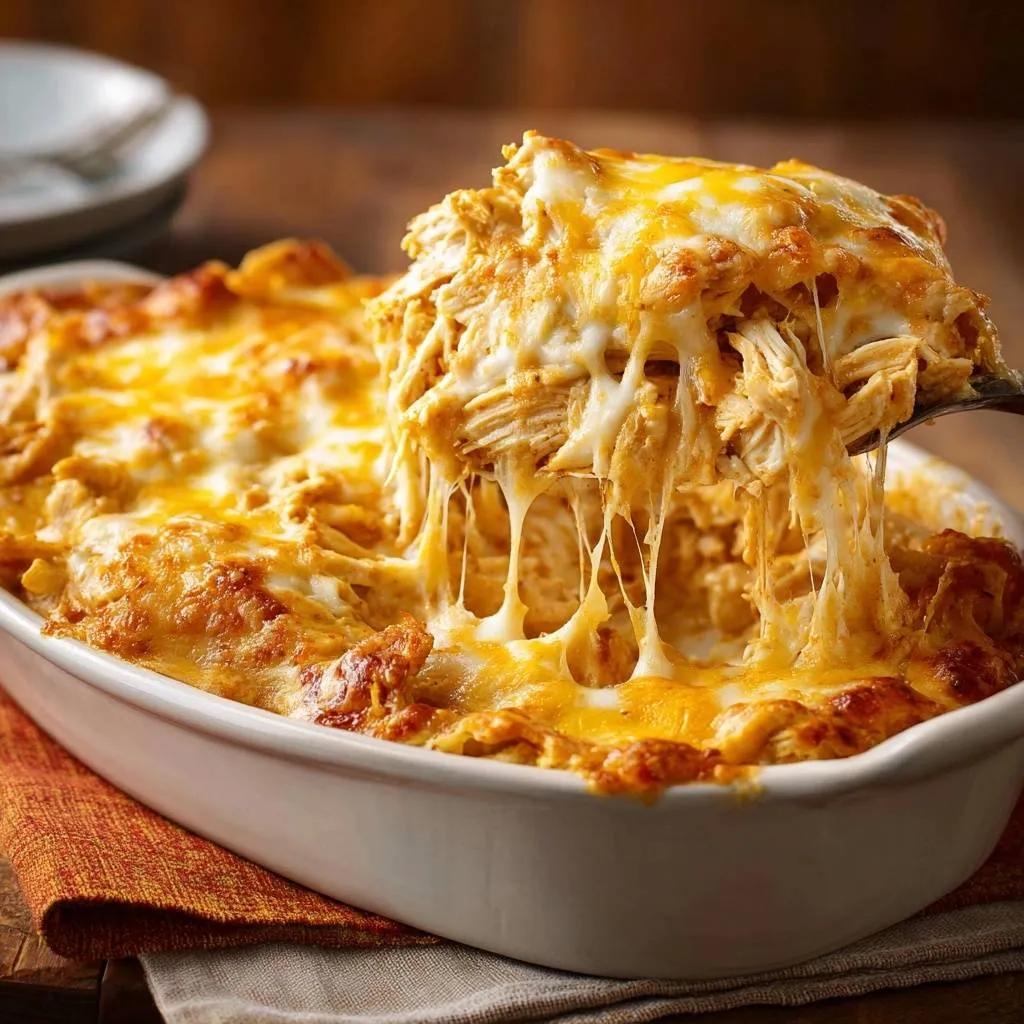 Creamy buffalo chicken casserole with a generous portion being lifted, showcasing melted cheese strings.