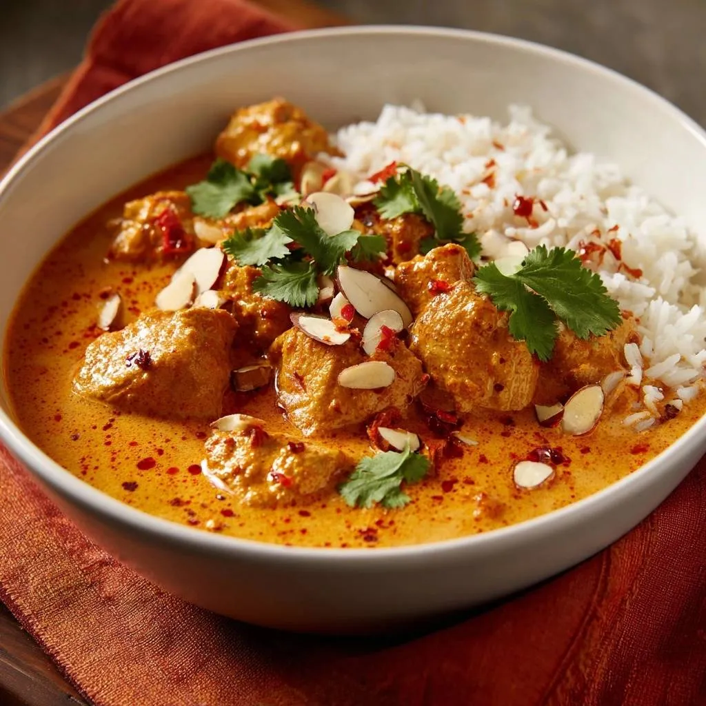Creamy butter chicken with a velvet texture, garnished with sliced almonds and fresh cilantro, served with rice.