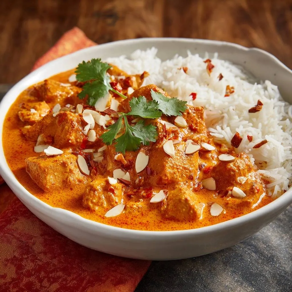 Creamy butter chicken garnished with slivered almonds and fresh cilantro, served with fluffy white rice.