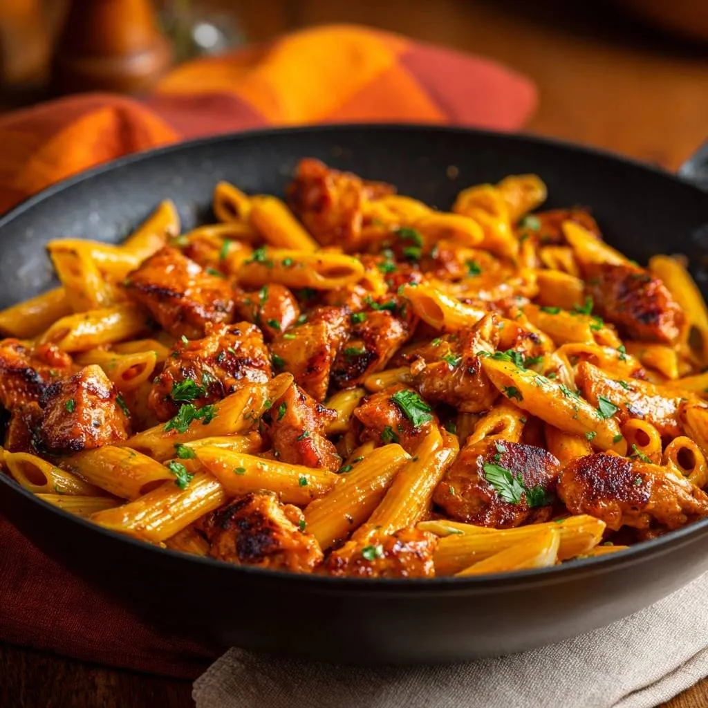 Creamy Cajun chicken penne served in a black bowl, showcasing tender chicken pieces coated in a rich sauce.