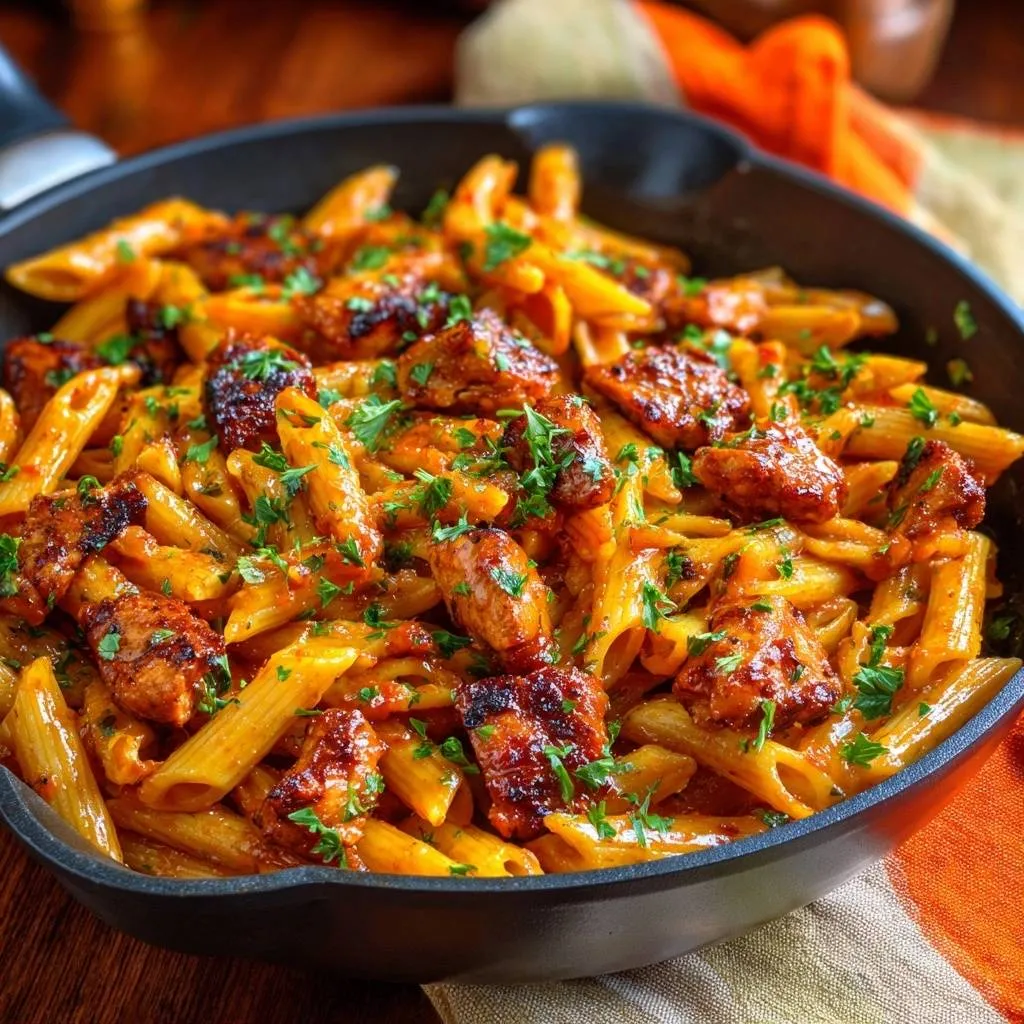Creamy Cajun chicken penne served in a cast iron skillet, garnished with fresh parsley.