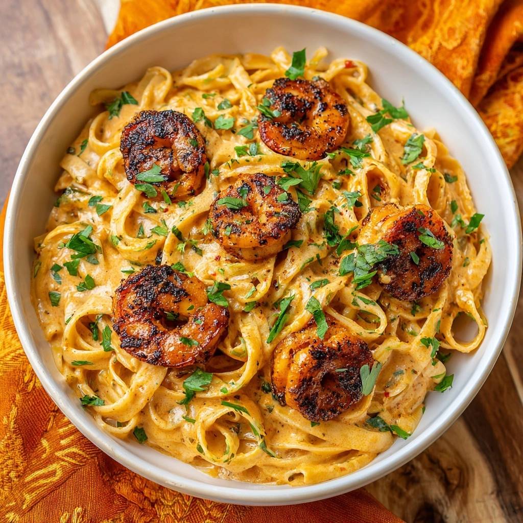 Creamy Cajun Shrimp Fettuccine served in a white bowl, topped with grilled shrimp and garnished with parsley.
