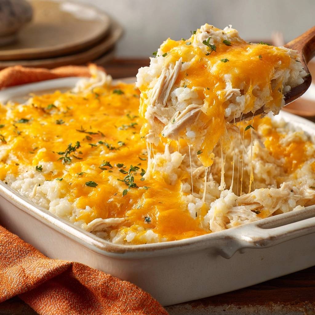 The ultimate creamy cheesy chicken and rice bake with a spoonful showing a cheesy pull from the melted cheddar topping.