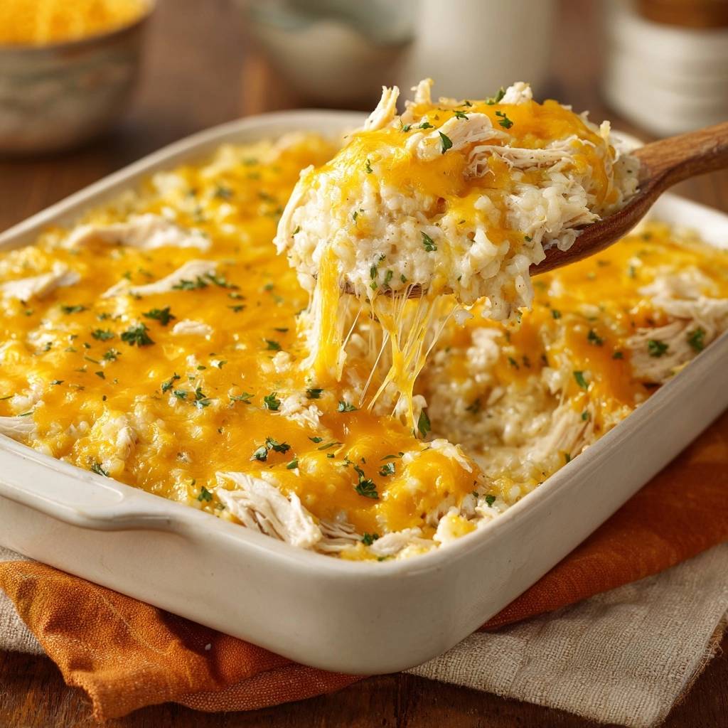 The Ultimate Creamy Cheesy Chicken and Rice Bake with a generous scoop being lifted, showing melted cheese strands.