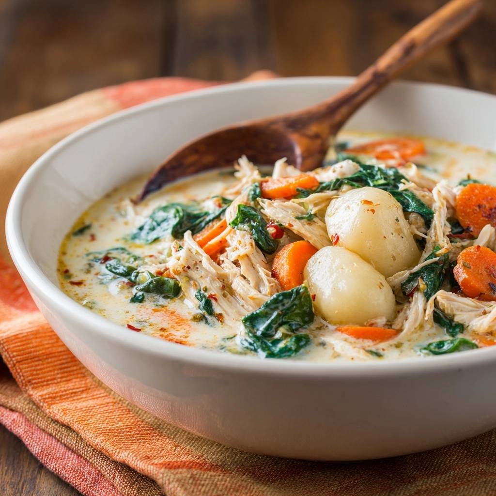 Creamy chicken gnocchi soup close-up in a white bowl with a wooden spoon, showing shredded chicken, gnocchi, and spinach.
