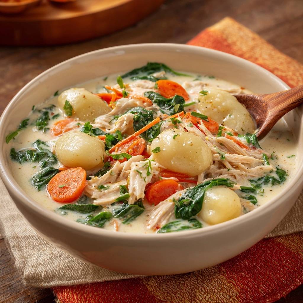 Creamy chicken gnocchi soup with a wooden spoon scooping up tender gnocchi, chicken, and spinach.