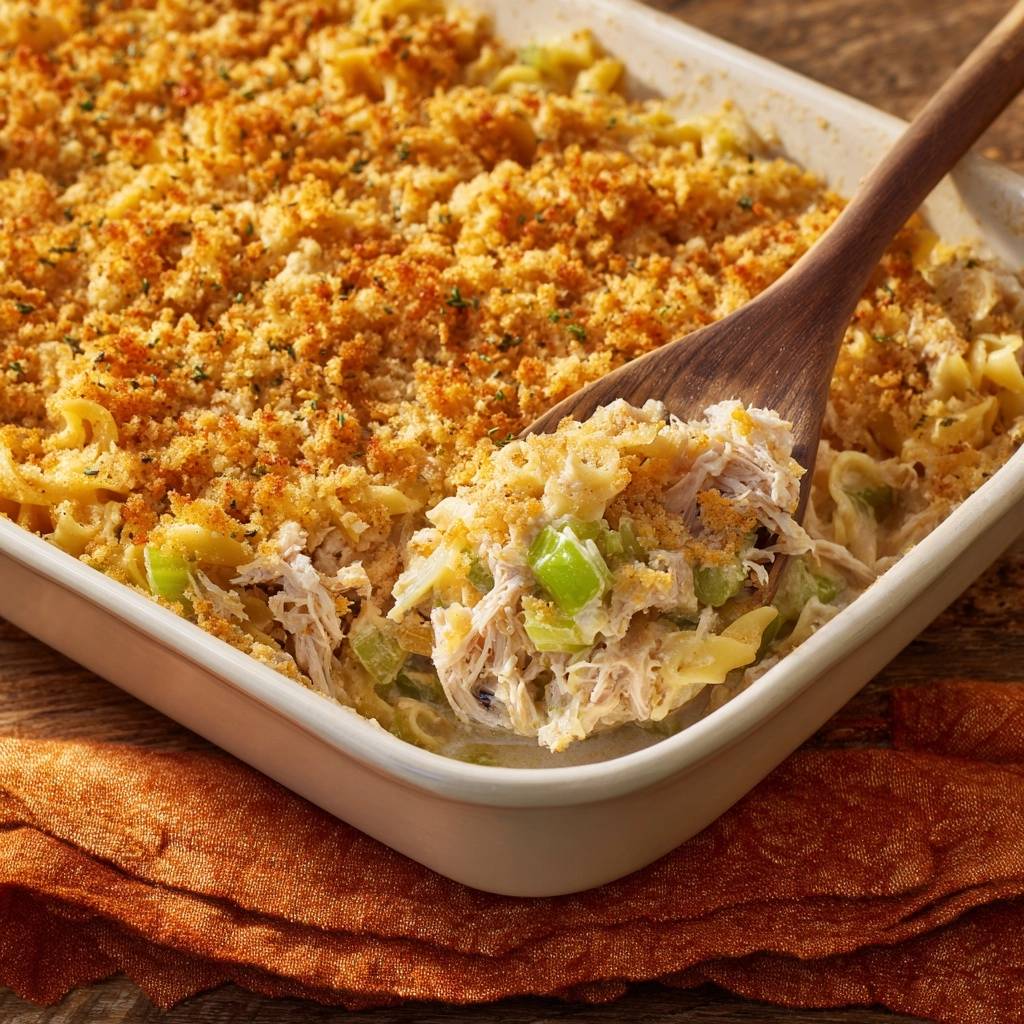The ultimate creamy chicken noodle casserole being scooped with a wooden spoon, showing noodles, chicken, and celery.