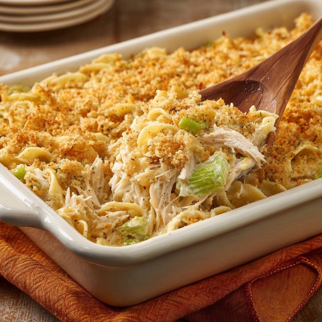 Creamy chicken noodle casserole being scooped with a wooden spoon, showing noodles and chicken inside.