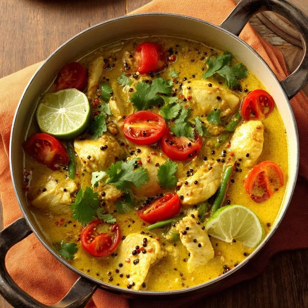 Creamy coconut lime chicken curry served in a bowl, garnished with cherry tomatoes and cilantro.