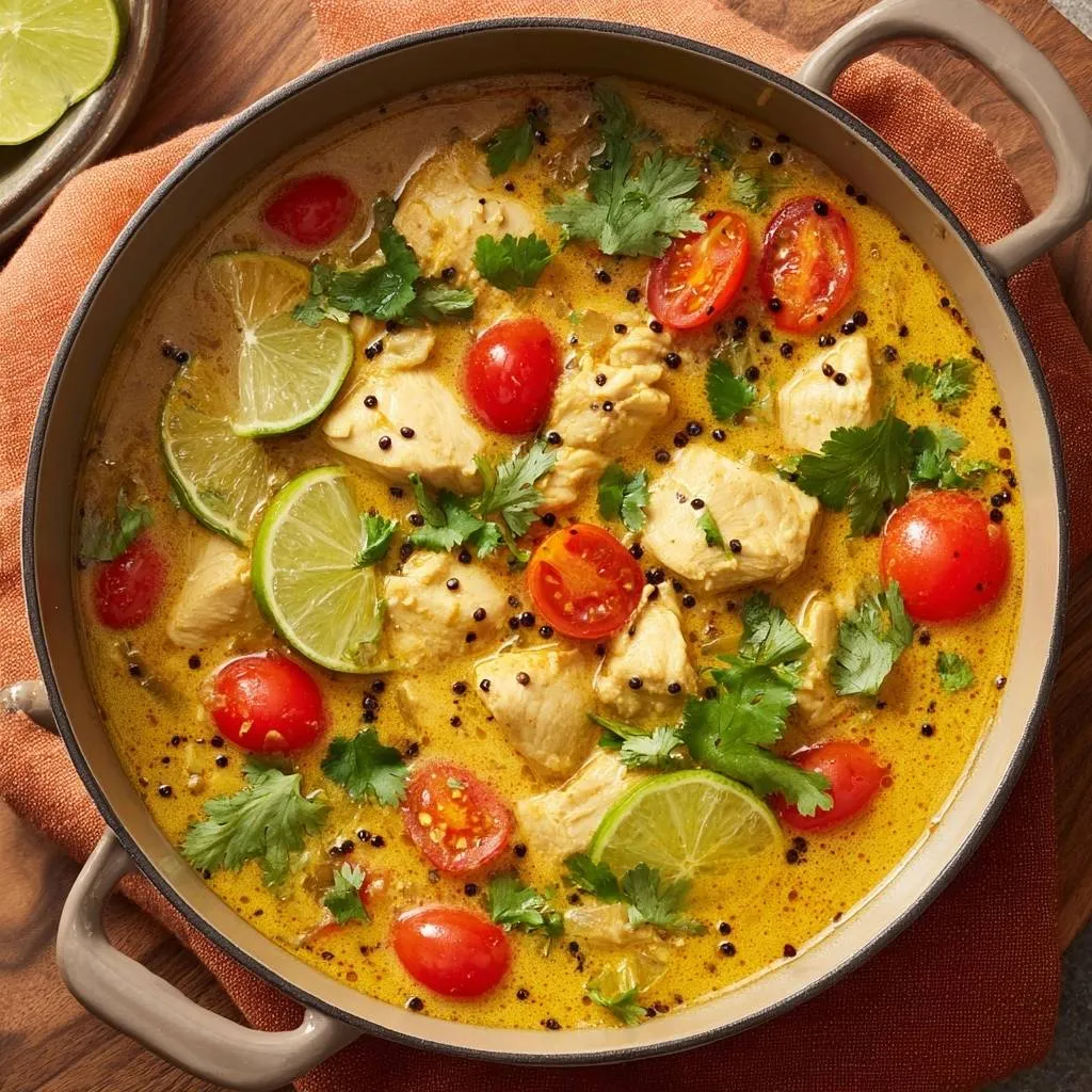 Creamy coconut lime chicken curry shown in an overhead bowl view with fresh lime slices, cherry tomatoes, and cilantro garnish.