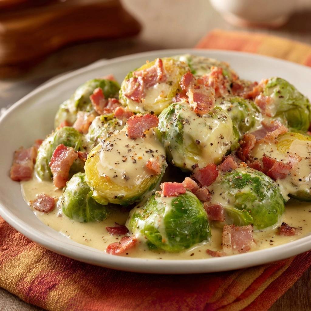 Creamy garlic brussels sprouts with bacon, presented in a close-up view showcasing the rich, creamy sauce and crispy bacon topping.
