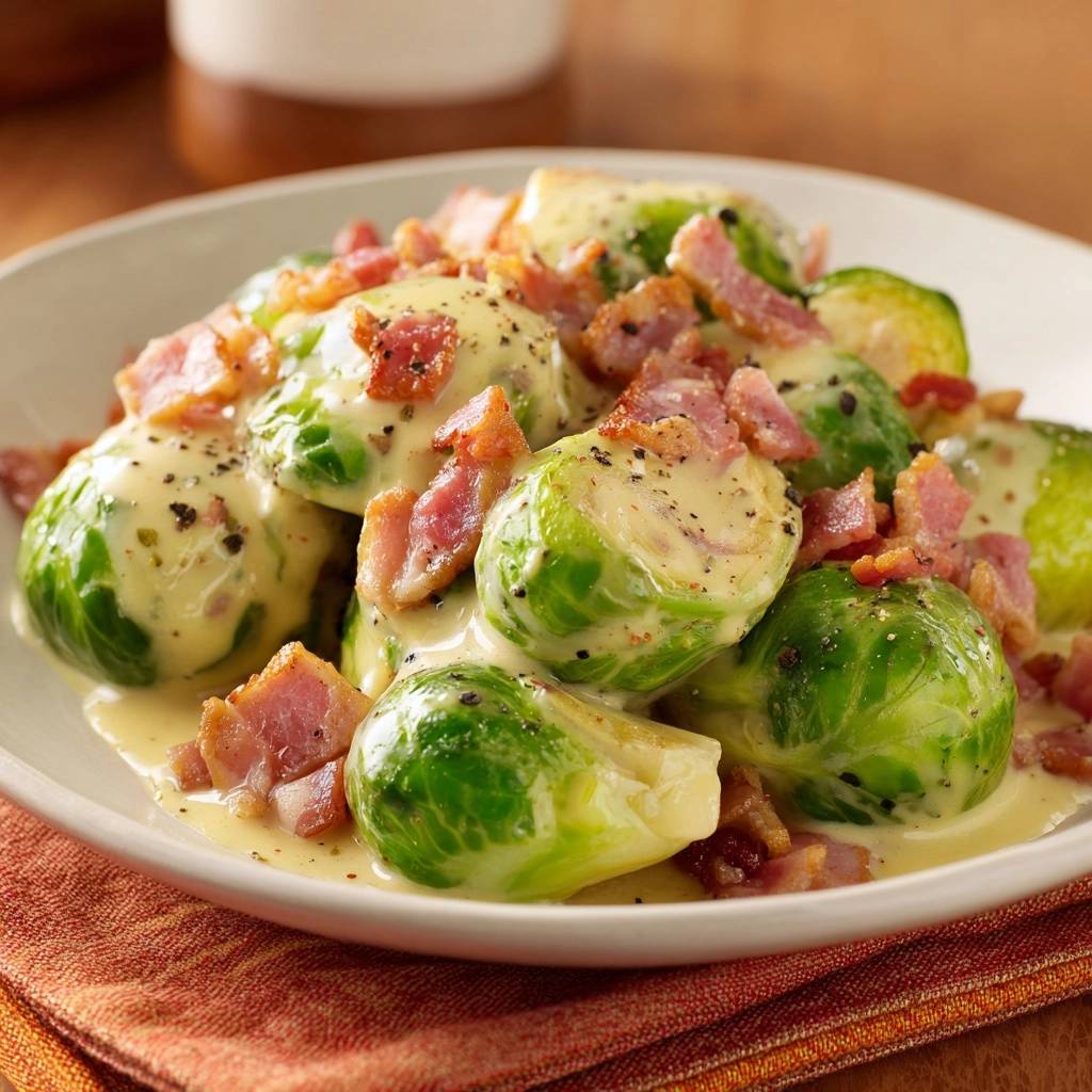 Creamy garlic brussels sprouts with bacon, a close-up showing the rich sauce and crispy bacon bits.