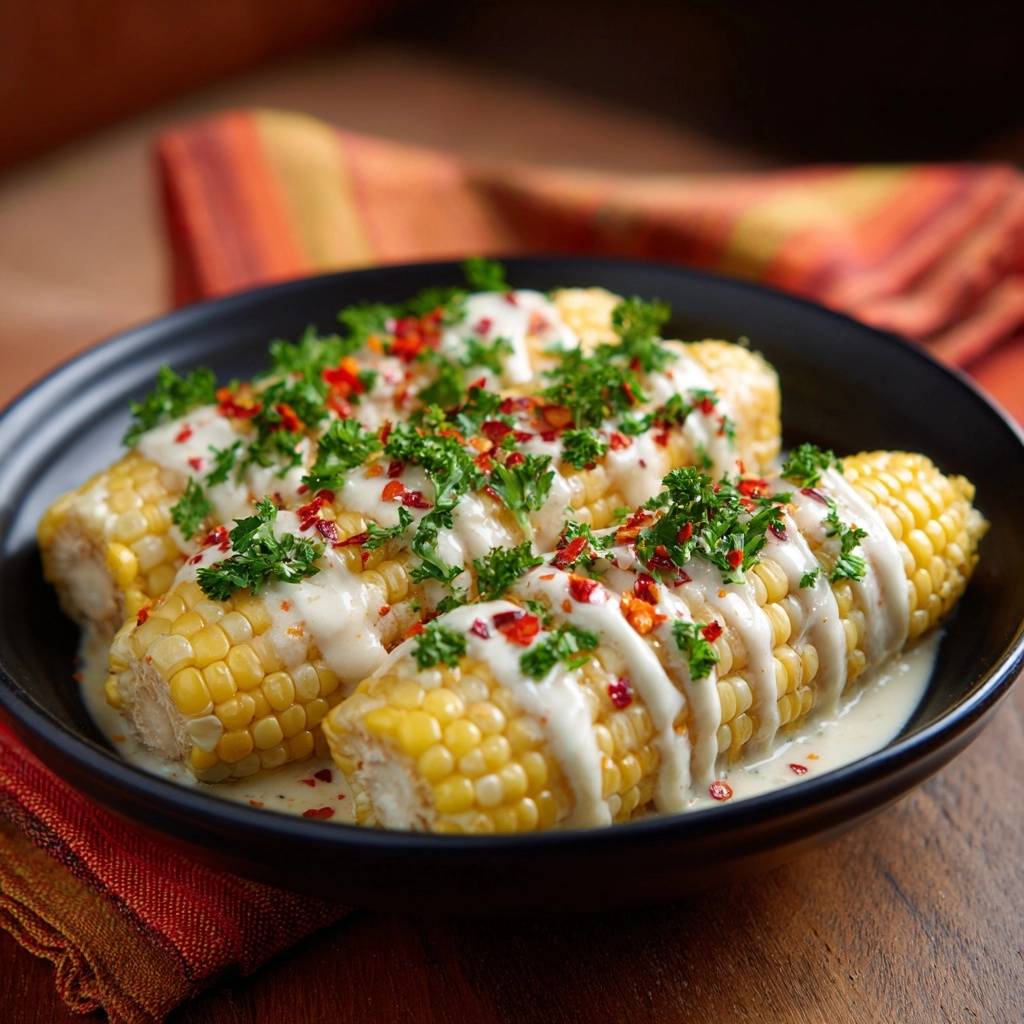 Creamy garlic butter corn ribs drizzled in sauce and garnished with parsley and chili flakes in a black bowl.