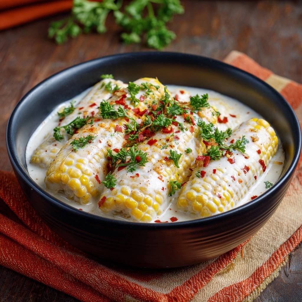 Creamy garlic butter corn ribs served in a black bowl, garnished with parsley and chili flakes.