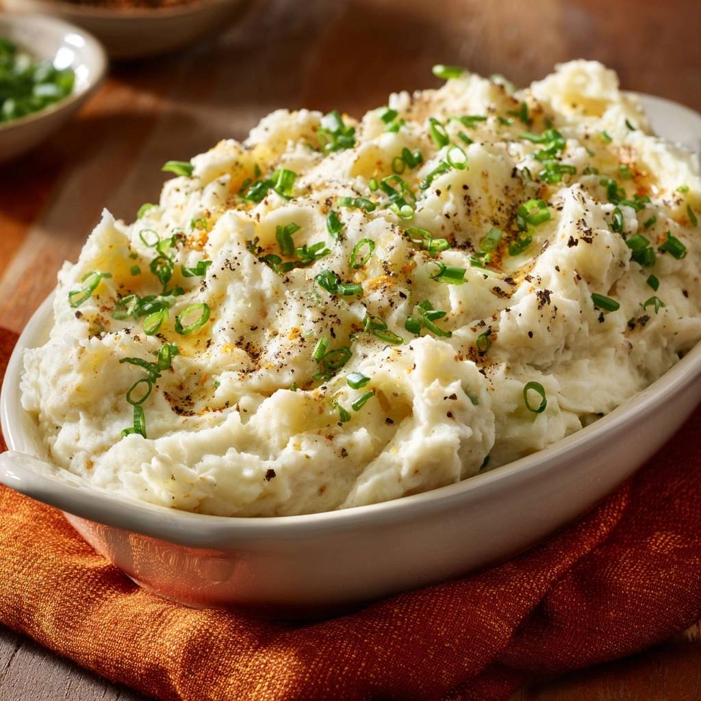 Creamy garlic mashed potatoes garnished with chives and black pepper in a white serving dish.