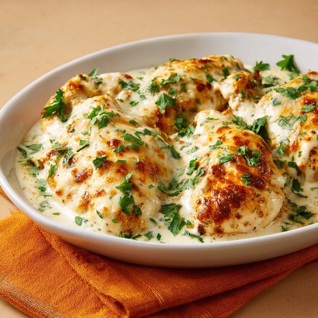 Creamy garlic parmesan baked chicken in a white dish, topped with melted cheese and fresh parsley.